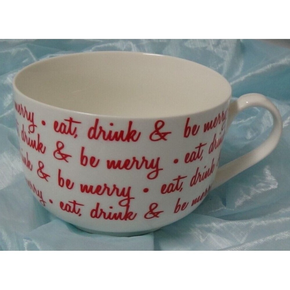 Soup Cup Bone China Eat Drink Be Merry Mug 28 oz CIROA Red & White #315